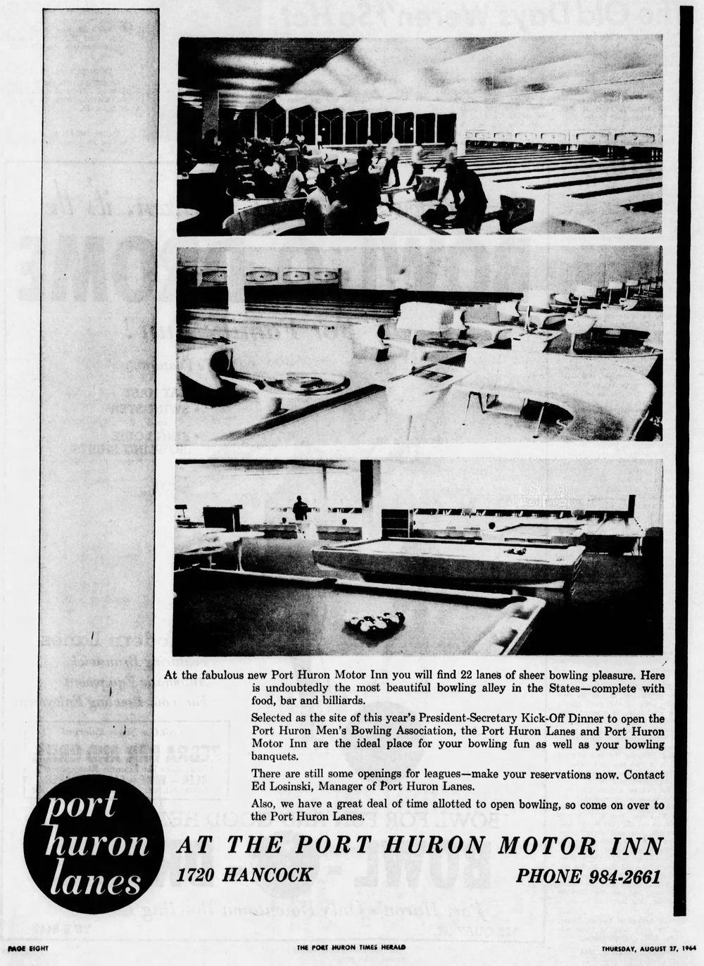 Port Huron Lanes - Aug 27 1964 Ad For Port Huron Motor Inn Next Door